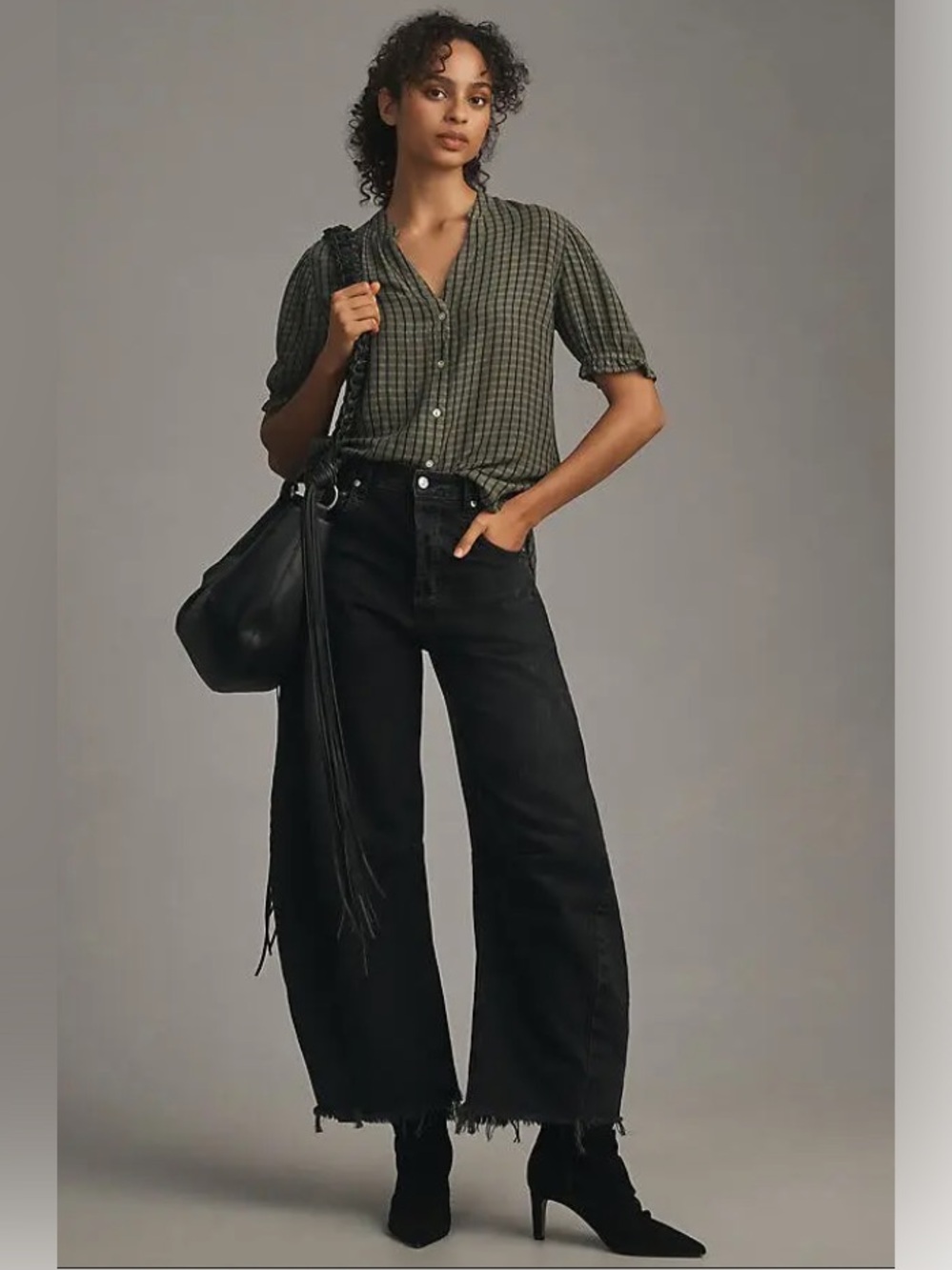 Cloth & Stone Puff-Sleeve Linen Blend Buttondown Gingham Top Dark Green Size S - Picture 2 of 11